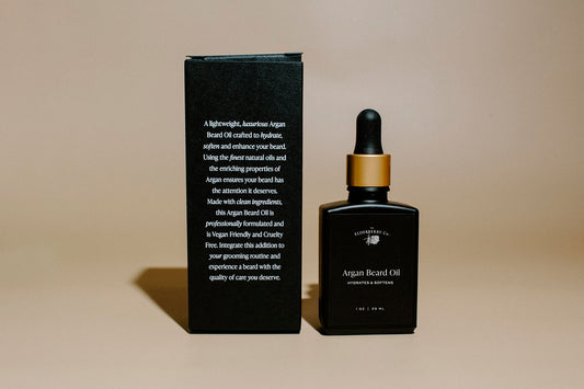 Elderberry Co. Argan Beard Oil bottle and product box displayed together, featuring a hydrating and softening beard oil made with clean, vegan-friendly ingredients.