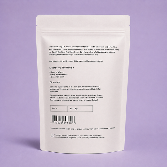 The back of a white stand-up pouch for Elderberry Tea Recipe by Elderberry Co., shown against a solid lavender background.