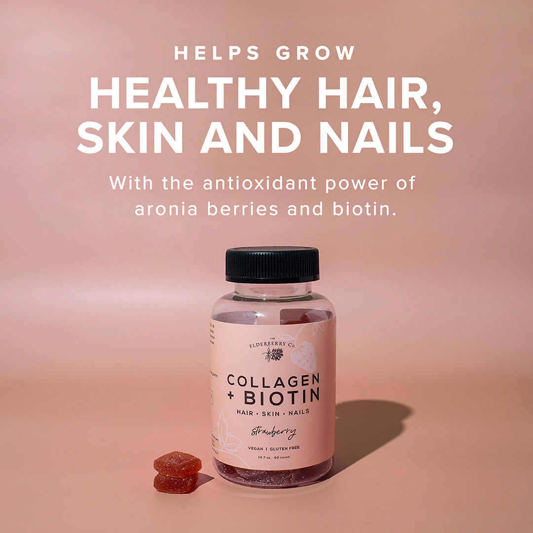 Collagen and Biotin Gummies help grow healthy hair, skin, and nails, with aronia berries and biotin
