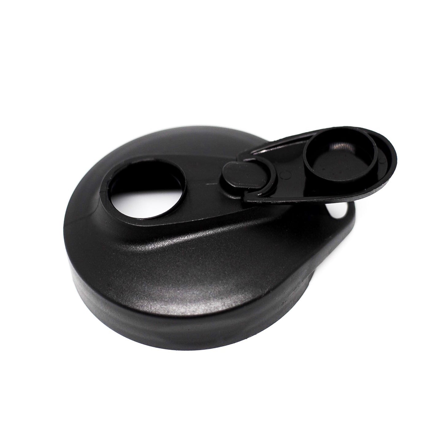 Black lid with a straw hole and handle on a white background