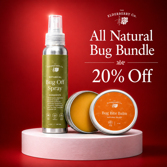 Elderberry Co. all natural bug bundle with spray and balm on a red background