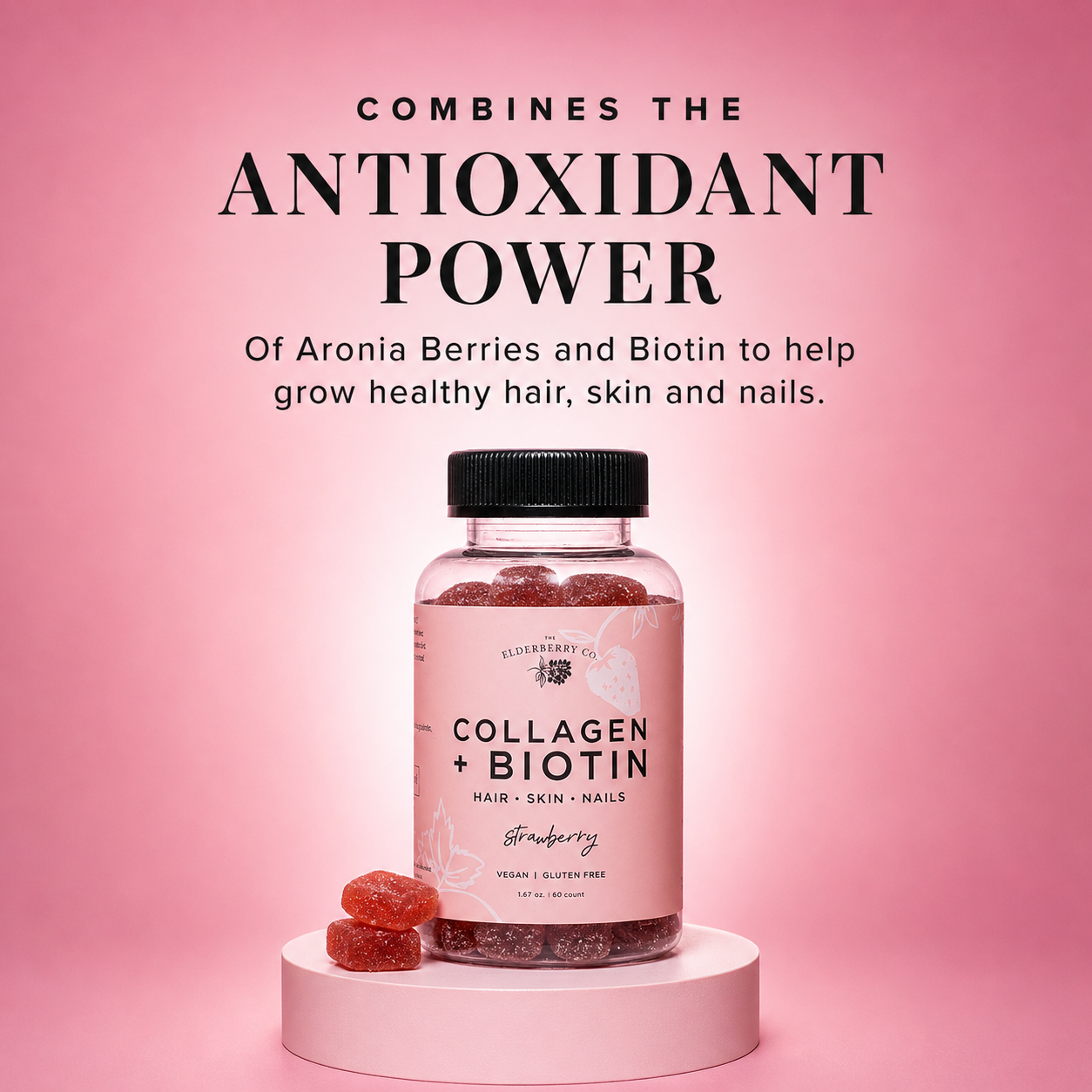 Collagen + Biotin supplement bottle with gummy bears on a pink background