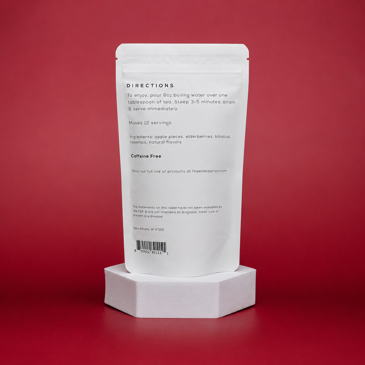 White packaging with text on a red background