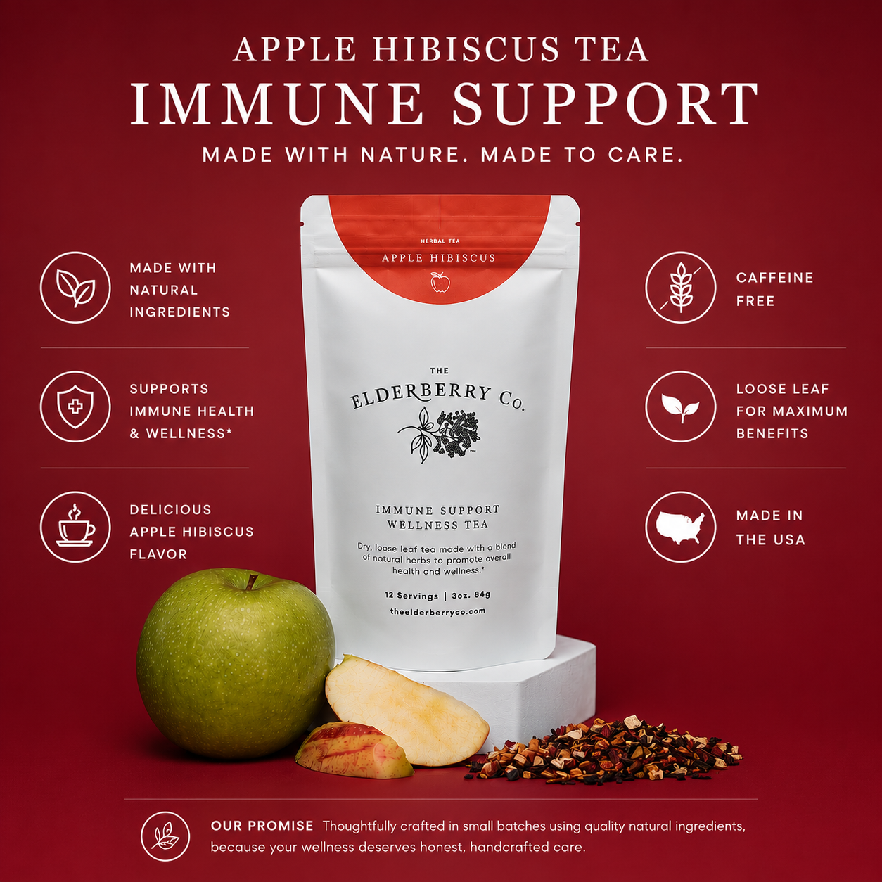 Apple hibiscus tea package with green apple and dried herbs on a red background