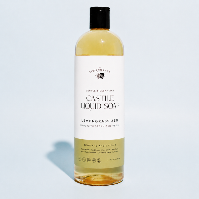 Bottle of Castile Liquid Soap with lemongrass scent on a light blue background