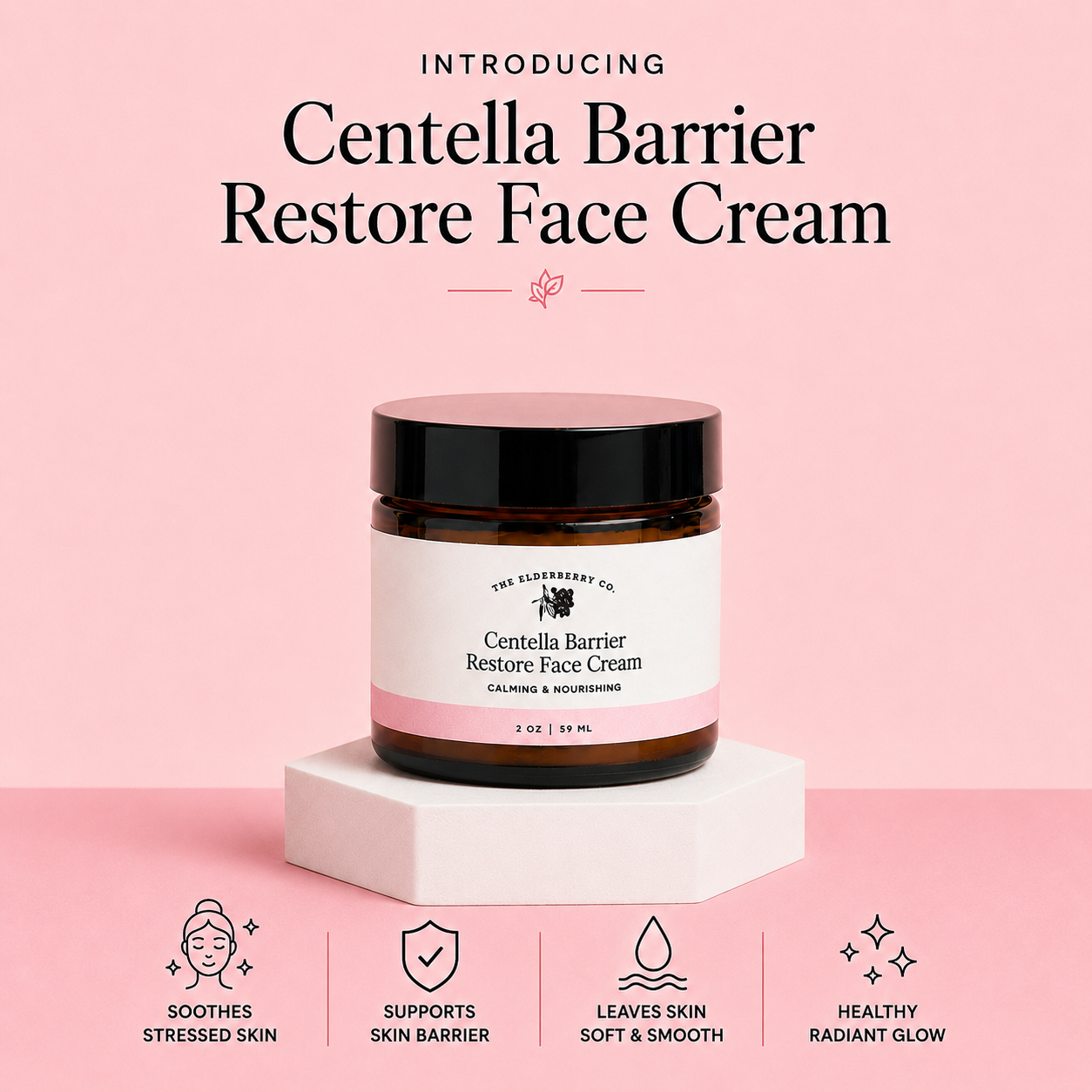 A jar of Precliniary Co Centella Barrier Restore Face Cream sits on a white geometric pedestal against a soft pink background. The image includes promotional text at the top and feature icons at the bottom describing benefits such as soothing stressed skin and supporting the skin barrier.