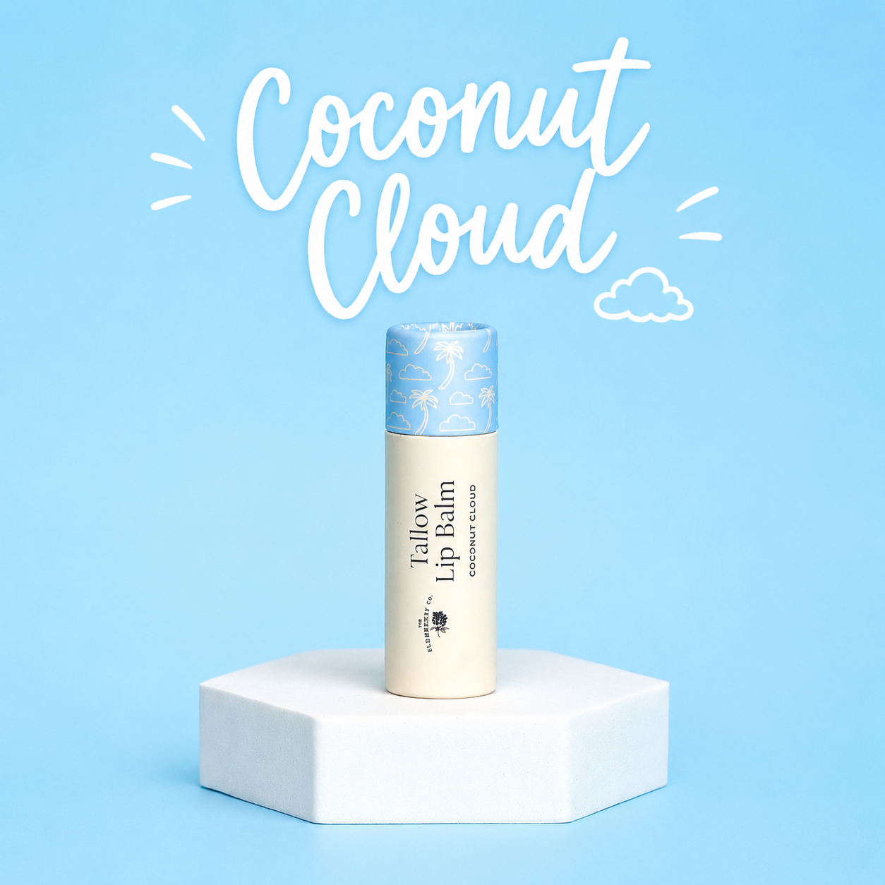 A tube of Farrow Lip Balm in the Coconut Cloud scent, featuring a cream-colored body and a light blue patterned cap, displayed on a white hexagonal pedestal against a light blue background with white hand-drawn text and cloud graphics.