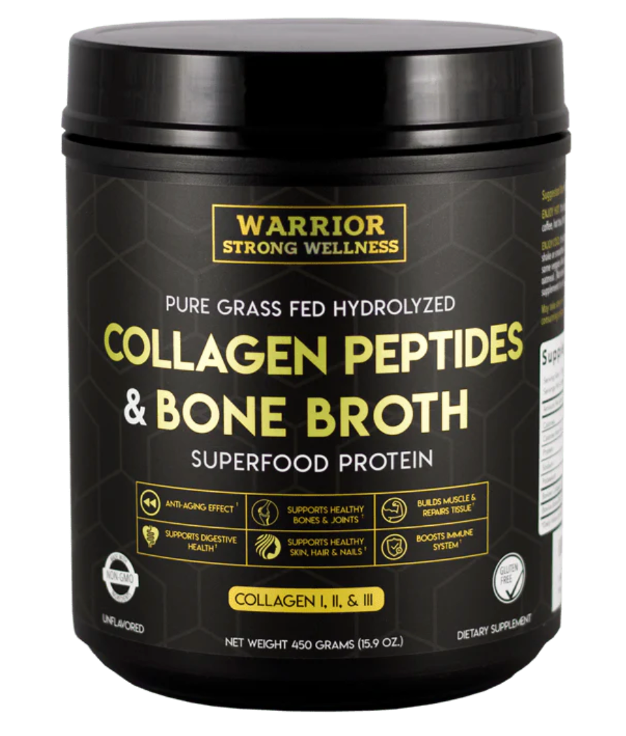 Black container of Warrior Strong Wellness Collagen Peptides & Bone Broth on a white background