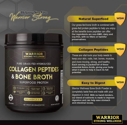 Warrior Strong Wellness Collagen Peptides & Bone Broth with grass-fed collagen peptides and bone broth to support healthy skin, joints, muscles, digestion, and overall wellness.