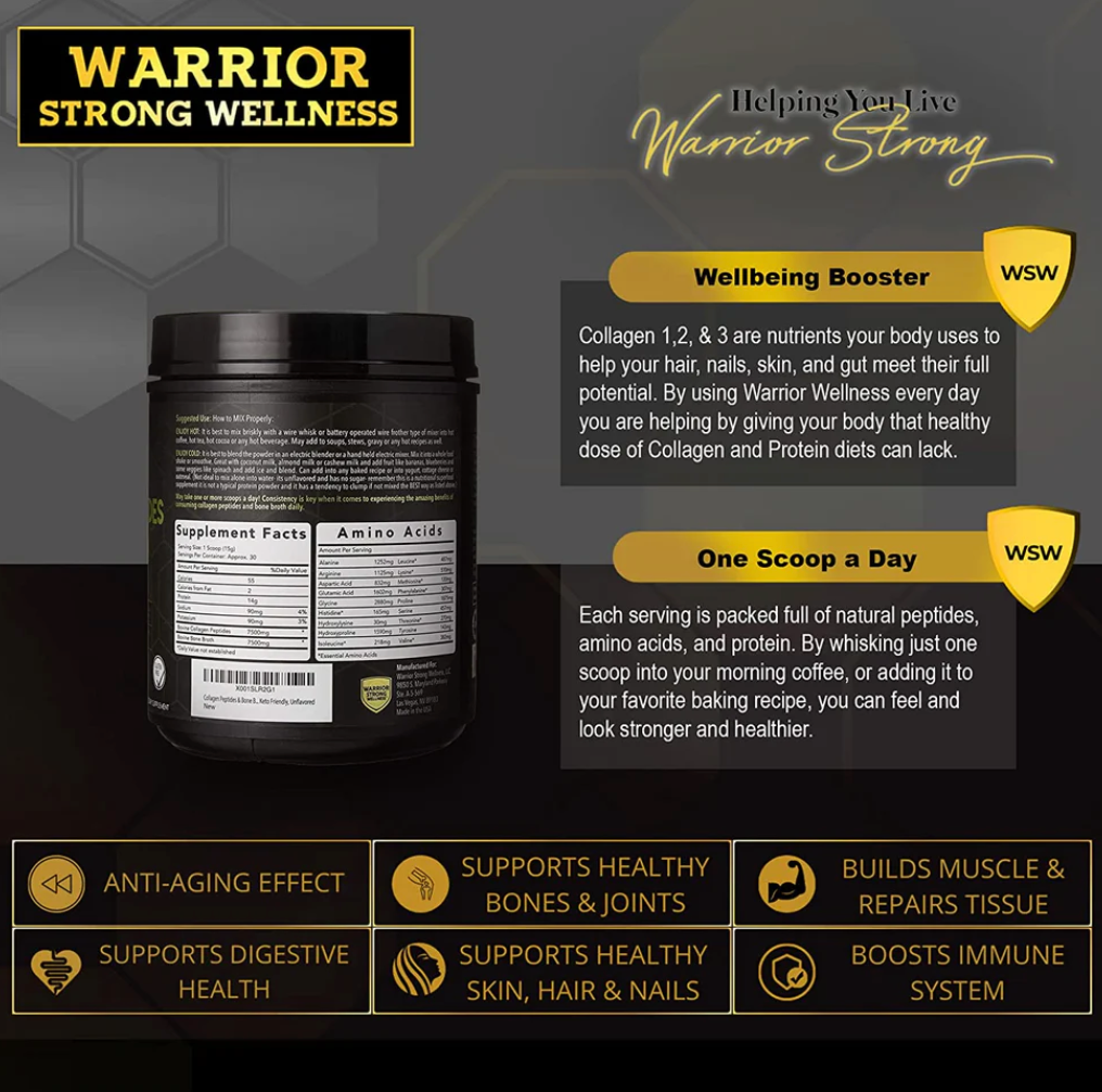 Warrior Strong Wellness Collagen Peptides & Bone Broth benefits infographic highlighting one-scoop daily use, collagen support, muscle recovery, joint health, digestive health, healthy skin, hair and nails, and immune support.