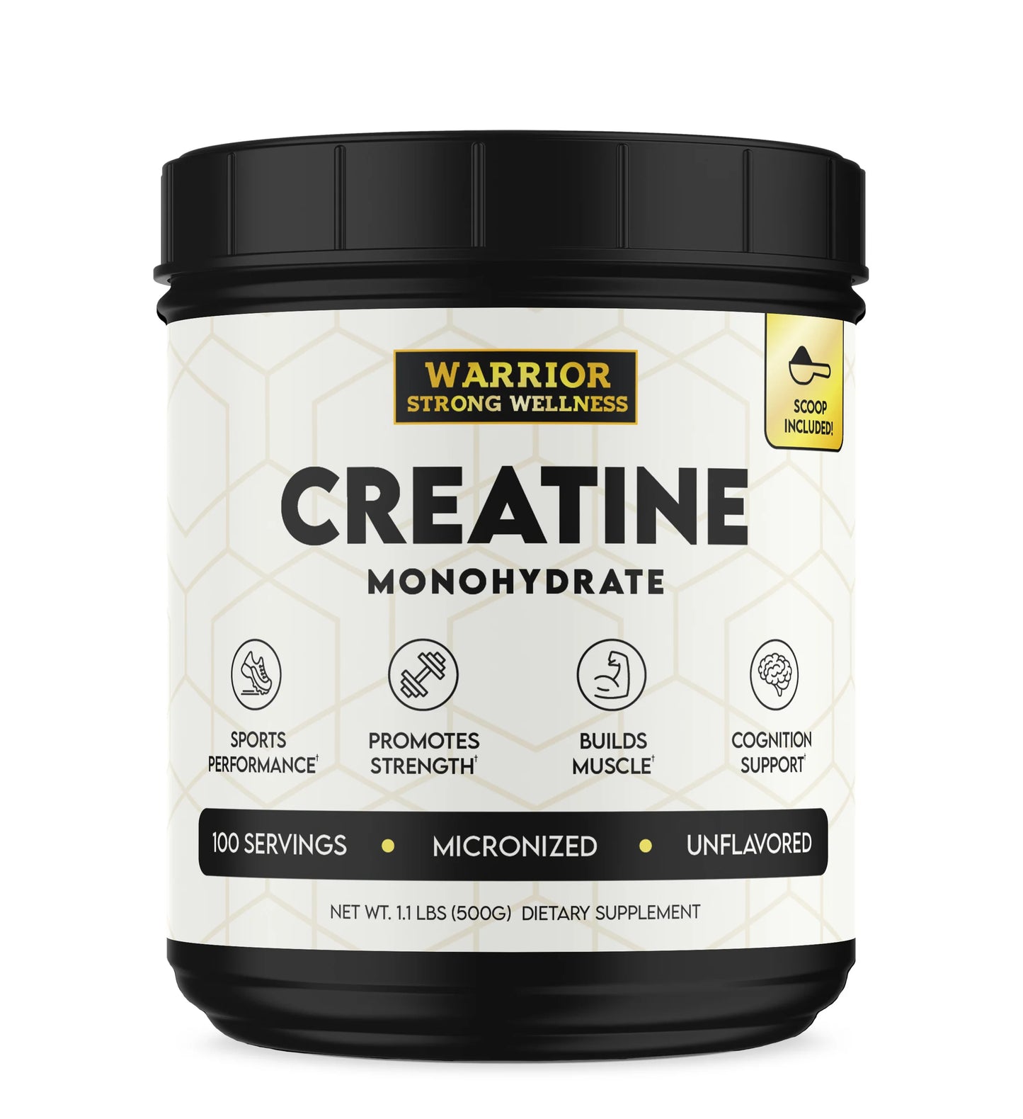 Warrior Strong Wellness Creatine Monohydrate supplement container on a white background