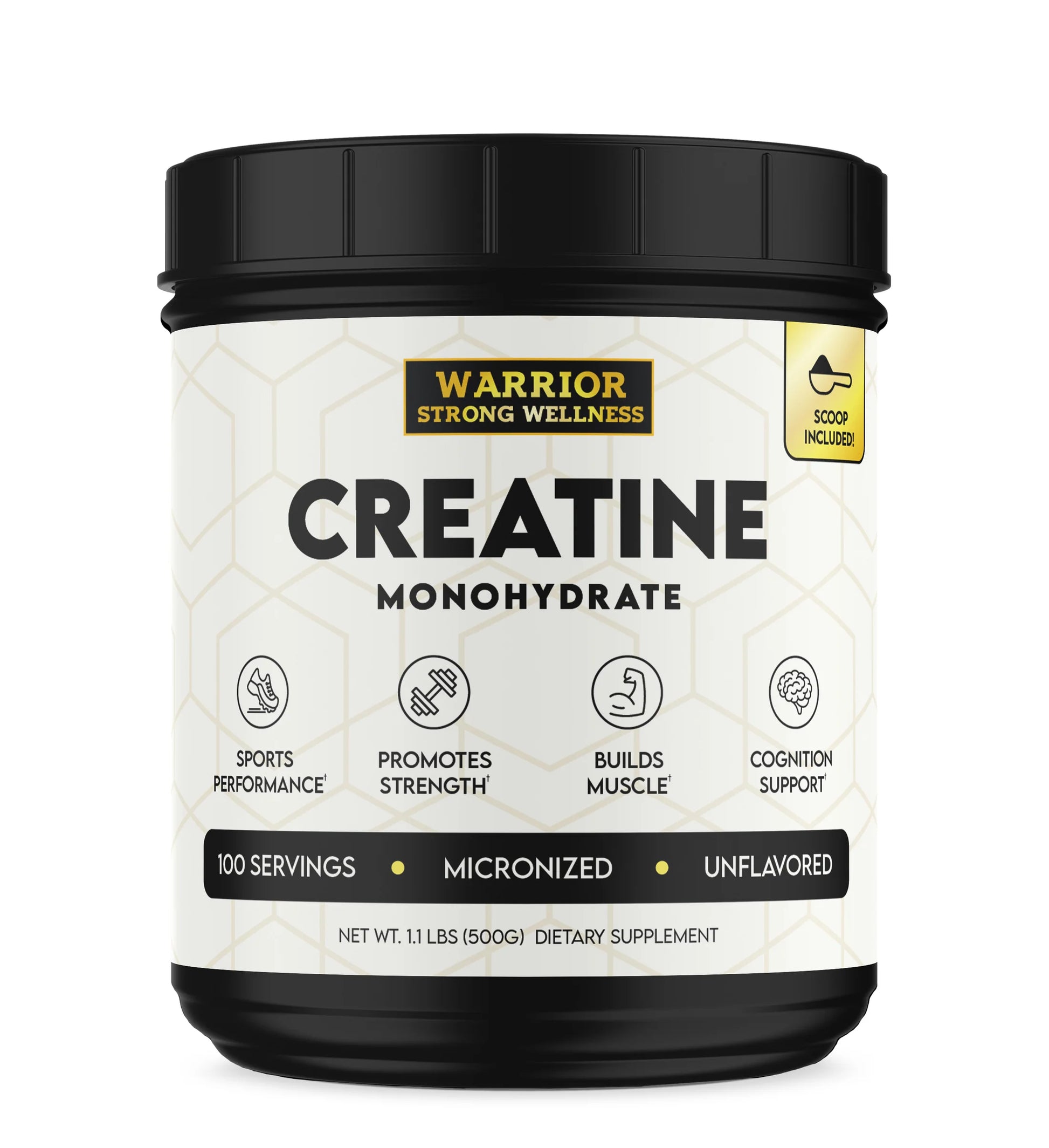 Warrior Strong Wellness Creatine Monohydrate supplement container on a white background
