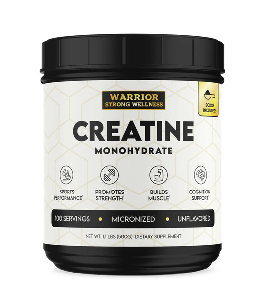 Warrior Strong Wellness Creatine Monohydrate supplement container on a white background