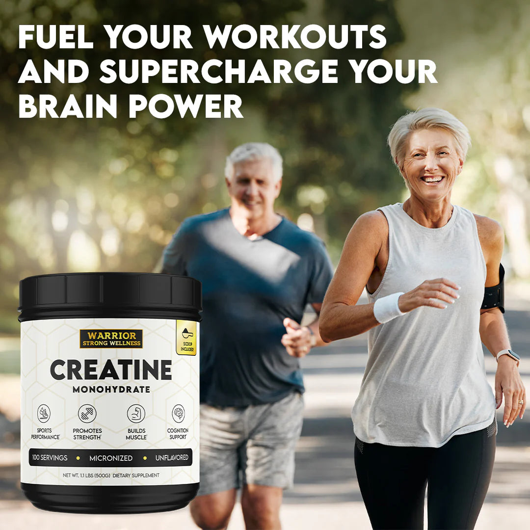 Warrior Strong Wellness Creatine Monohydrate lifestyle image highlighting sports performance, muscle strength, and cognition support for active adults.
