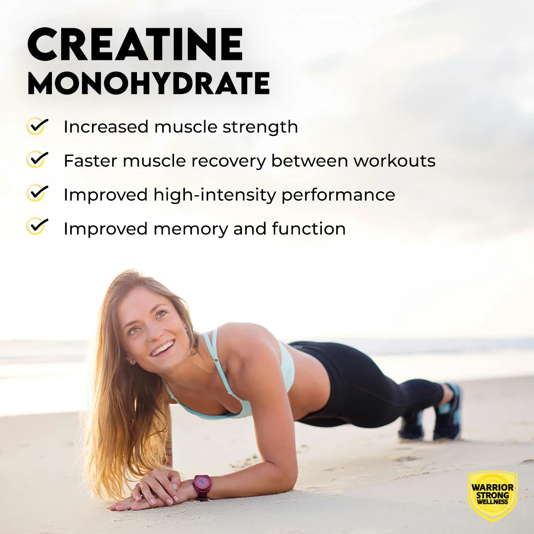 Lifestyle graphic highlighting Warrior Strong Wellness Creatine Monohydrate benefits including increased strength, faster recovery, improved high-intensity performance, and cognition support.