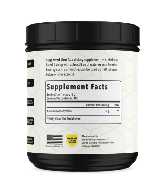 Back label of Warrior Strong Wellness Creatine Monohydrate showing supplement facts, suggested use, serving size, and manufacturing information for pure creatine monohydrate powder.