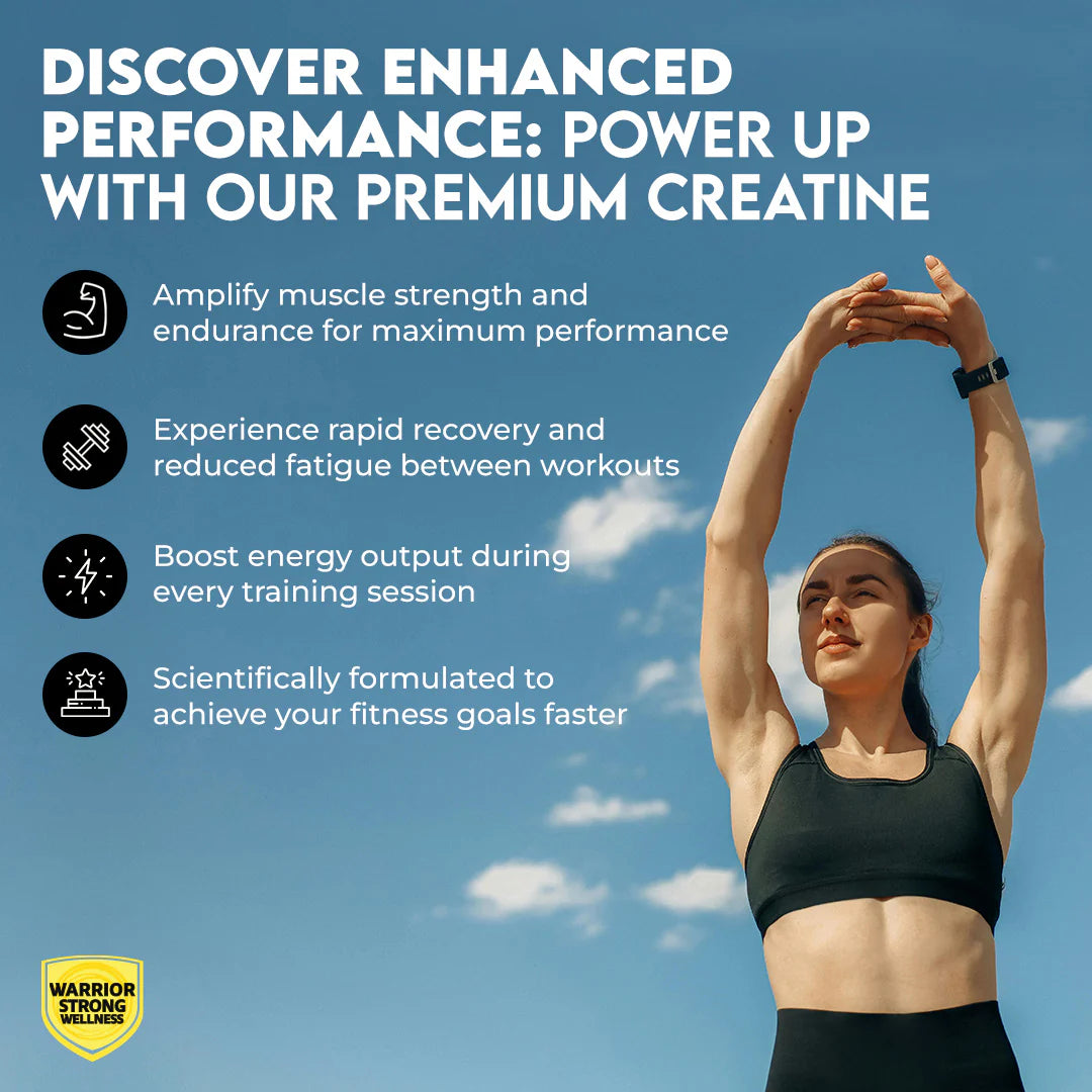 Lifestyle graphic highlighting Warrior Strong Wellness Creatine Monohydrate benefits including increased strength, faster recovery, enhanced energy, and improved athletic performance.