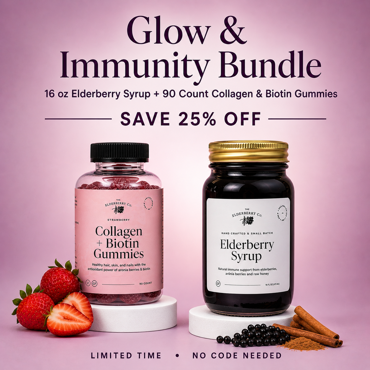 16 Ounce Elderberry Syrup + Collagen + Biotin Gummies 20% Off