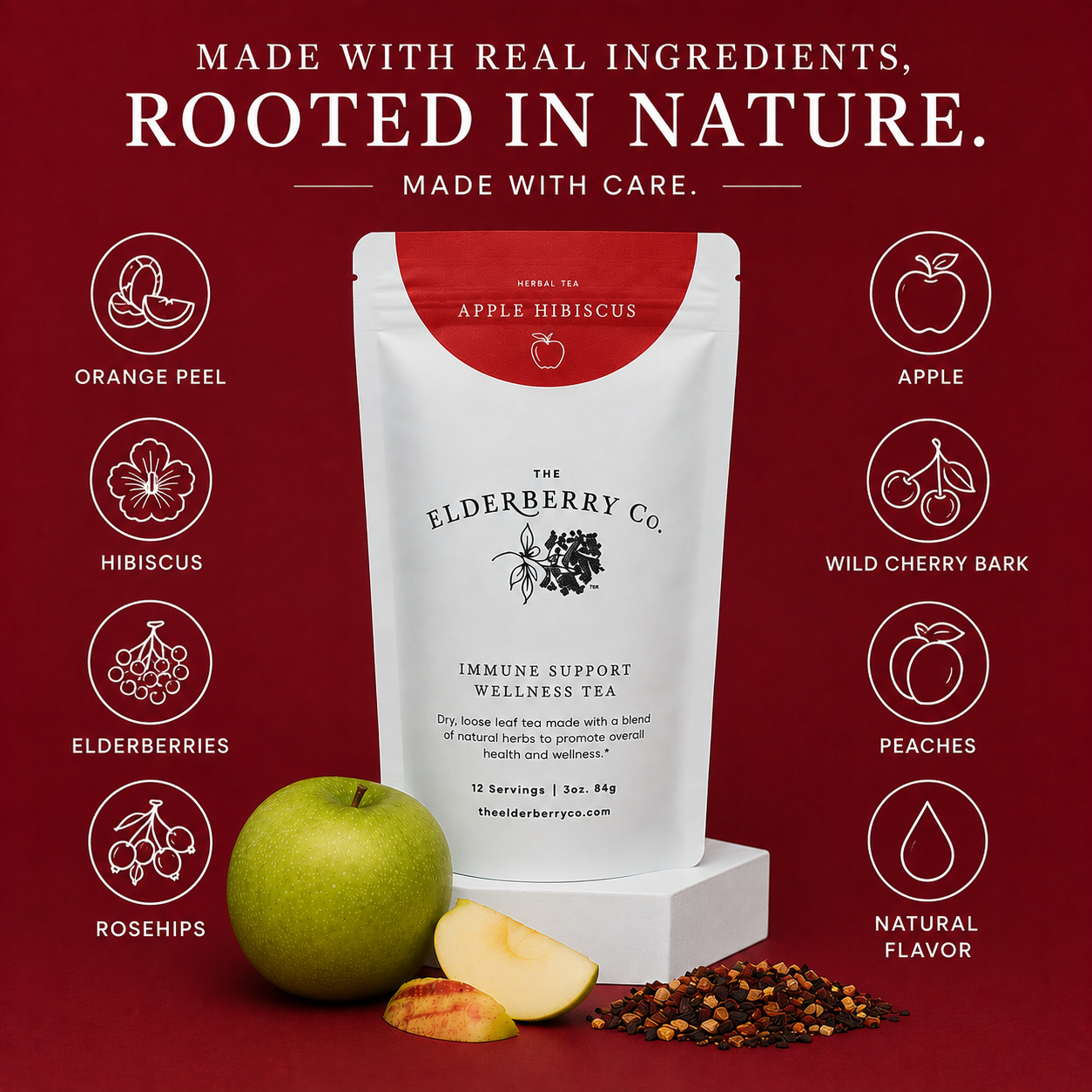 Tea package with ingredients on a red background