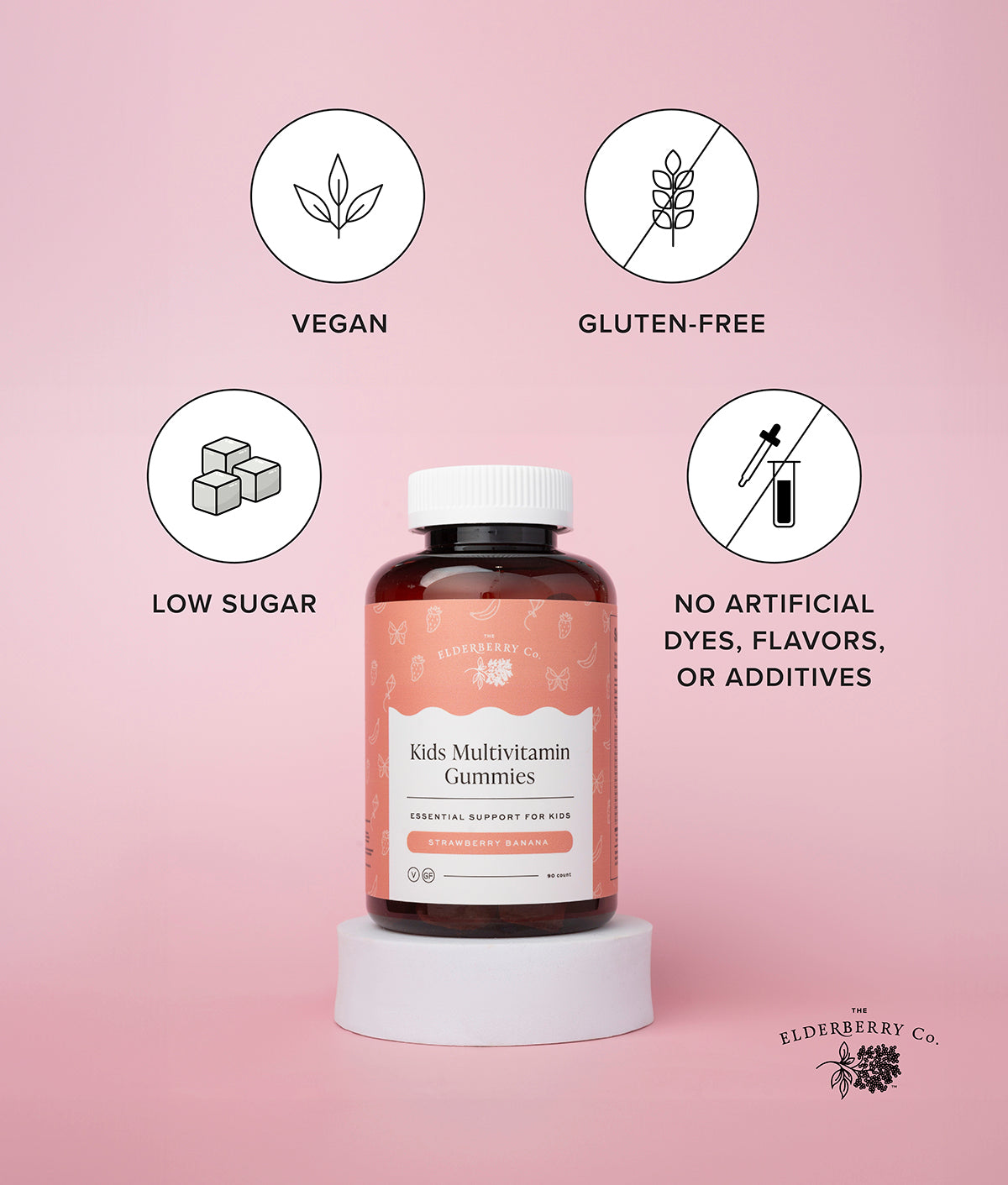 Kids Multivitamin Gummies highlighting vegan, gluten-free, low sugar, and no artificial dyes, flavors, or additives.