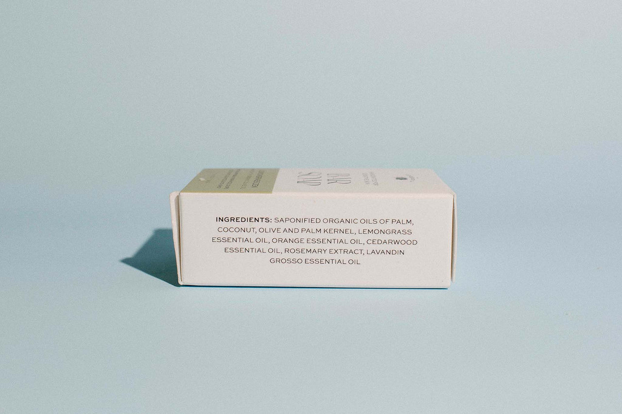 Bottom view of The Elderberry Co. Lemongrass Zen bar soap box displaying the full ingredient list and organic essential oil blend.