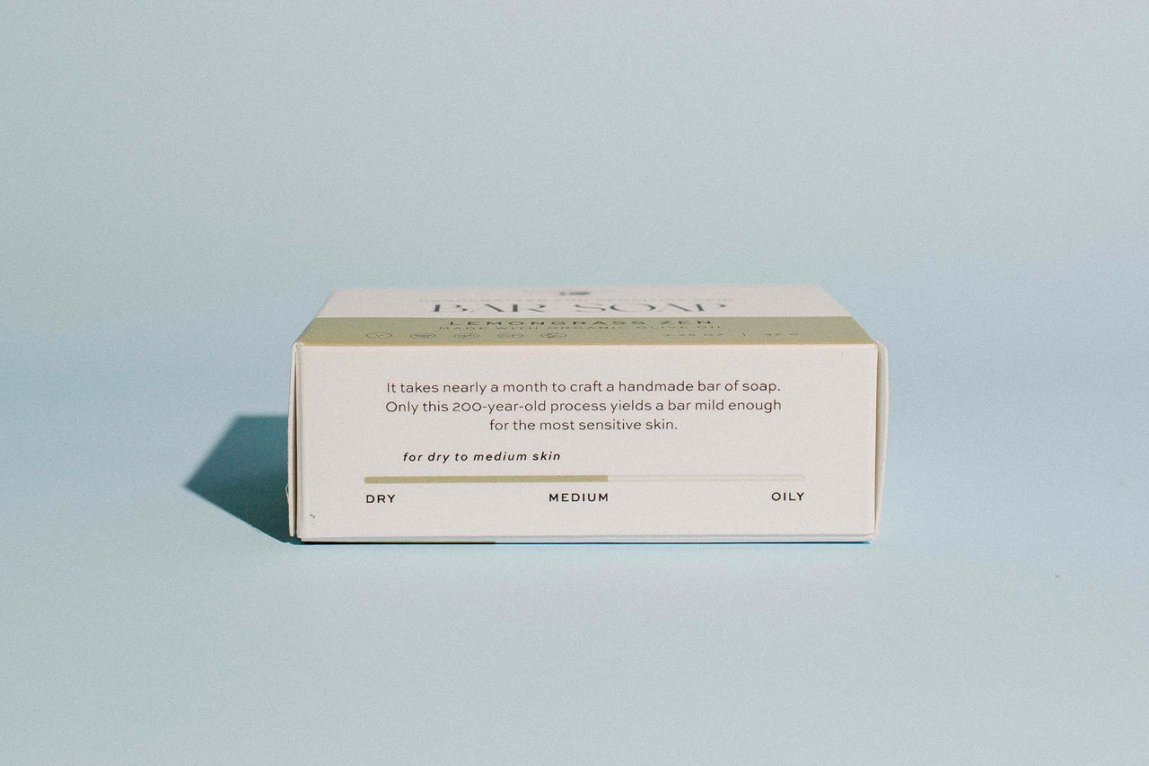 Side view of The Elderberry Co. Lemongrass Zen bar soap box showing skin suitability information for dry to medium skin.