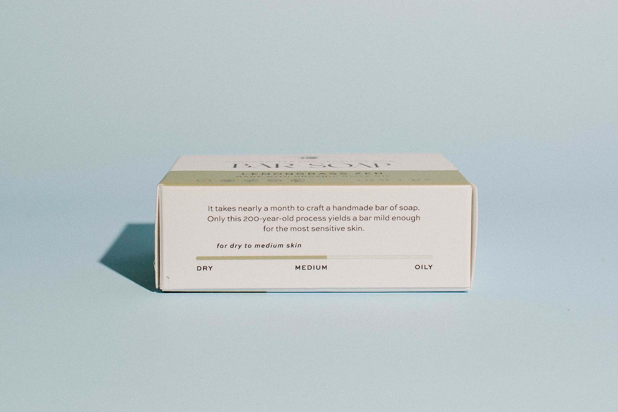 Side view of The Elderberry Co. Lemongrass Zen bar soap box showing skin suitability information for dry to medium skin.
