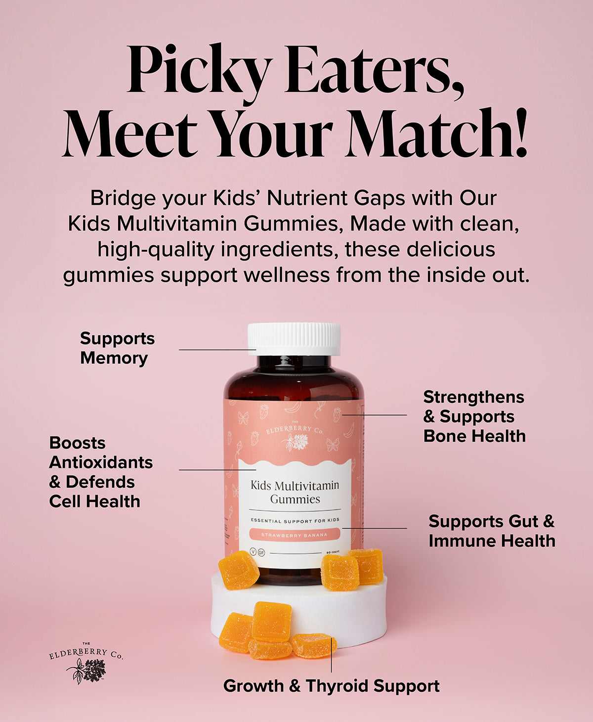Kids Multivitamin Gummies highlighting memory, bone, gut, immune, antioxidant, growth, and thyroid support.