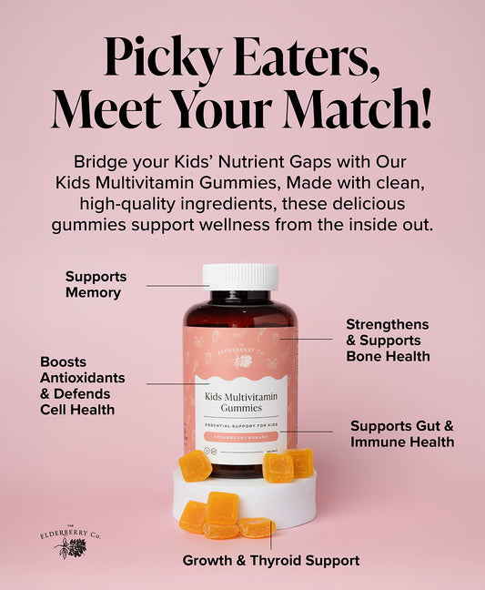 Kids Multivitamin Gummies highlighting memory, bone, gut, immune, antioxidant, growth, and thyroid support.