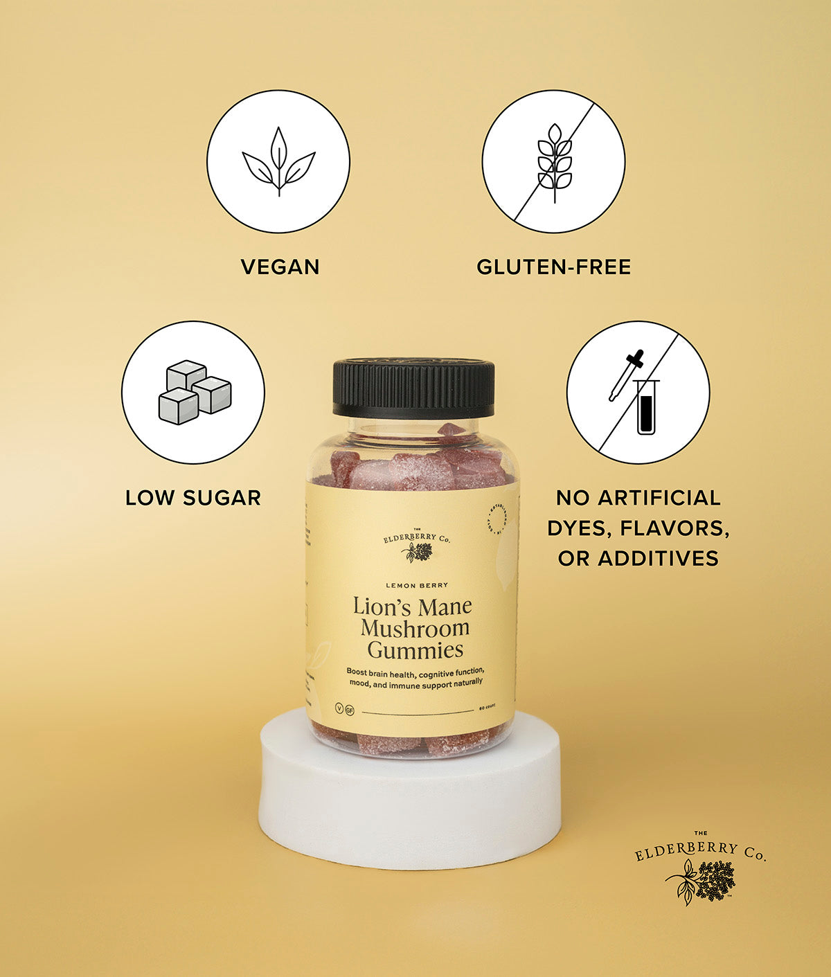 Lion's Mane Mushroom Gummies with icons highlighting vegan, gluten-free, low sugar, and no artificial dyes, flavors, or additives.