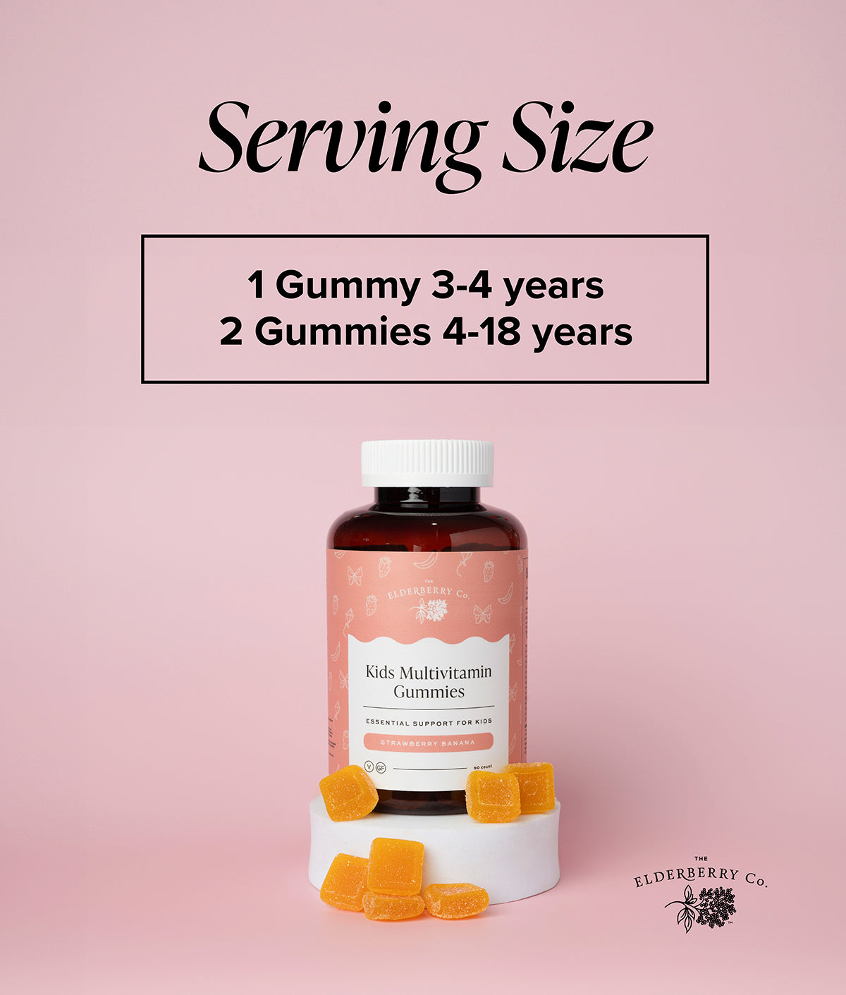 Serving size guide for The Elderberry Co. Kids Multivitamin Gummies showing 1 gummy for ages 3–4 and 2 gummies for ages 4–18, with the product bottle and gummies displayed.