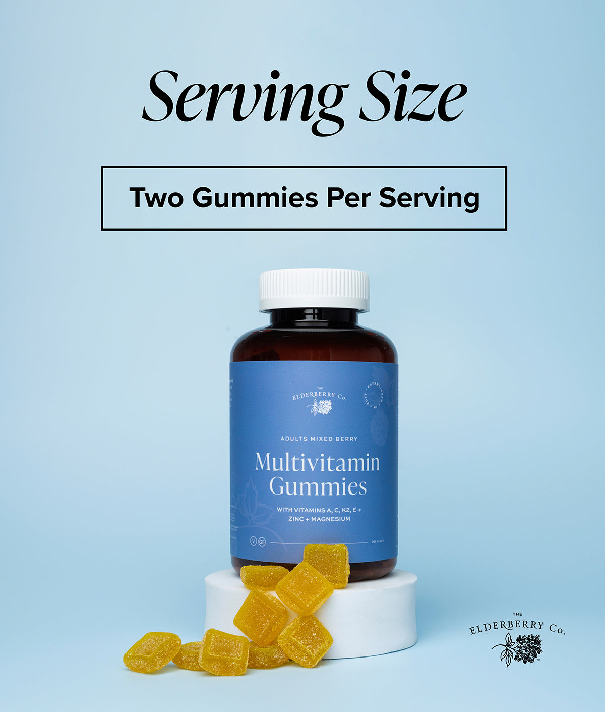 Adult Multivitamin Gummies with serving size graphic showing two gummies per serving.