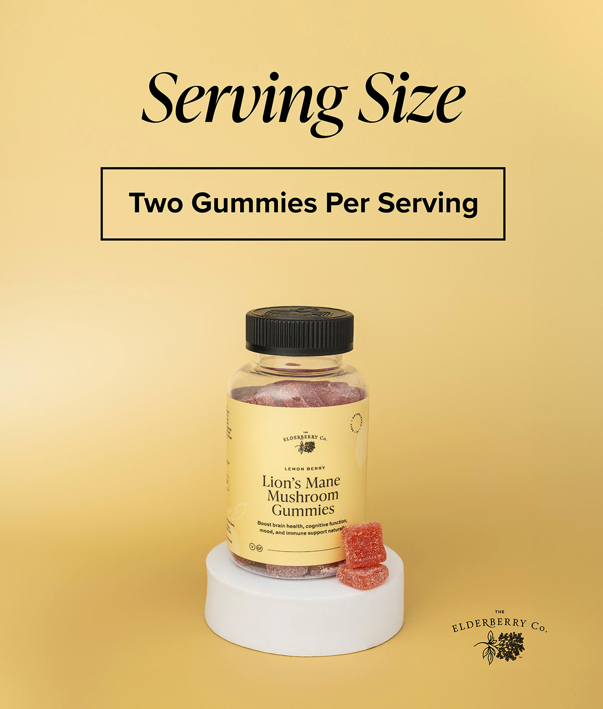 Lion's Mane Mushroom Gummies with serving size graphic showing two gummies per serving.