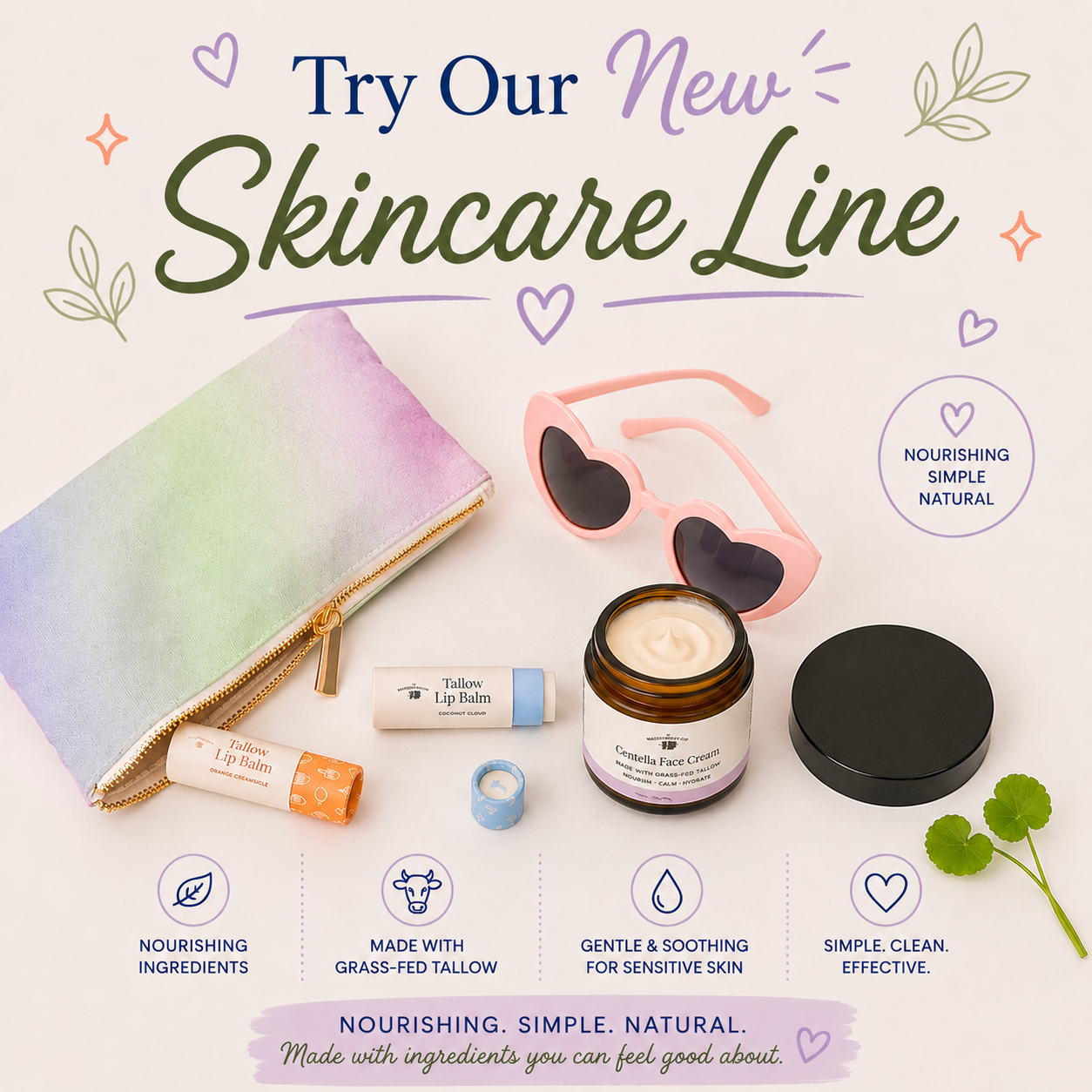 A promotional flat lay for a skincare line on a light cream background. Visible items include a pastel watercolor zip pouch, pink sunglasses, a small amber jar labeled 'Caring Face Cream,' a black lid, a lip balm tube, and a lip balm stick.