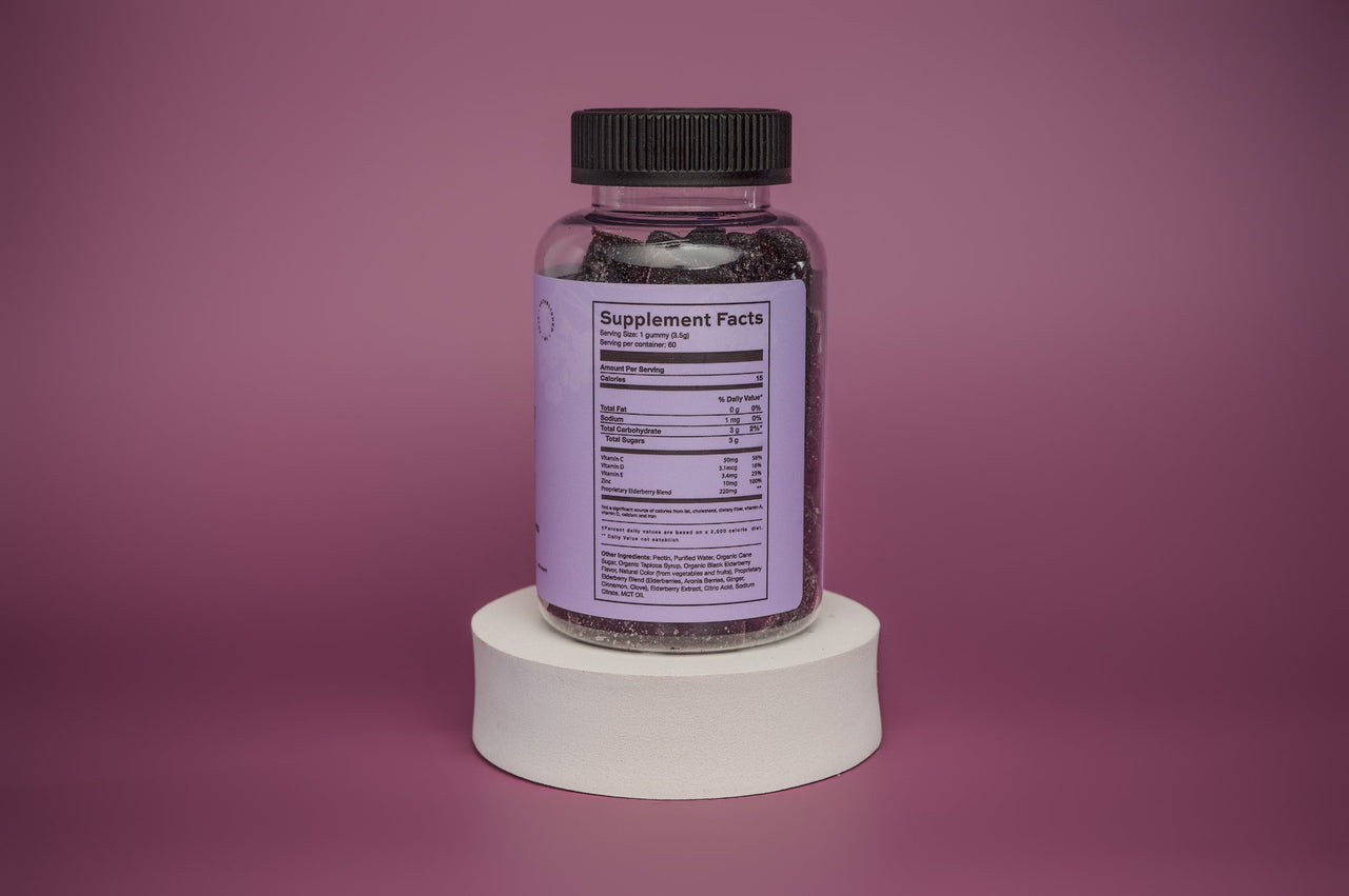 Product Supplement Label with purple background on white stand.
