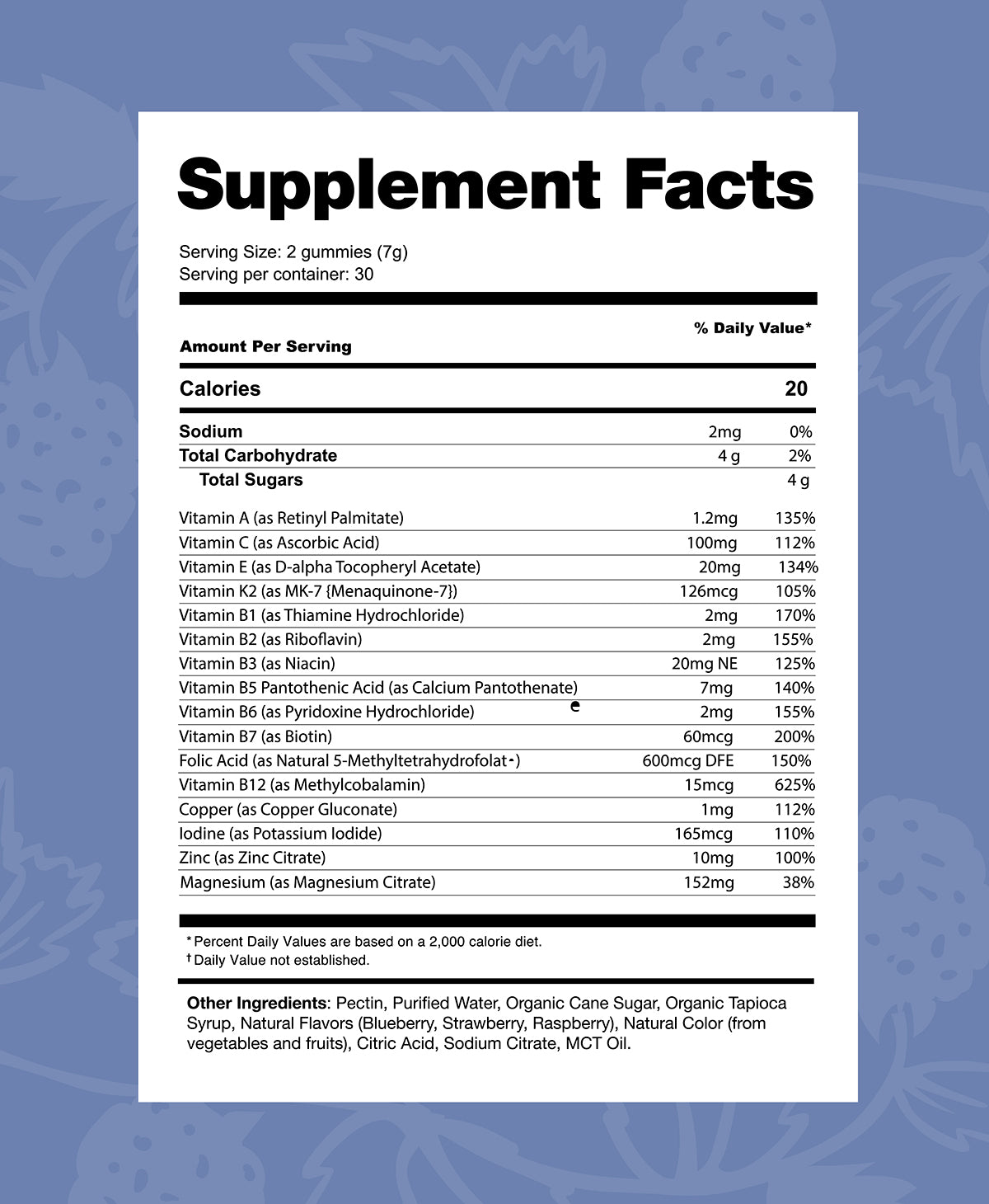 Supplement Facts label for Adult Multivitamin Gummies.