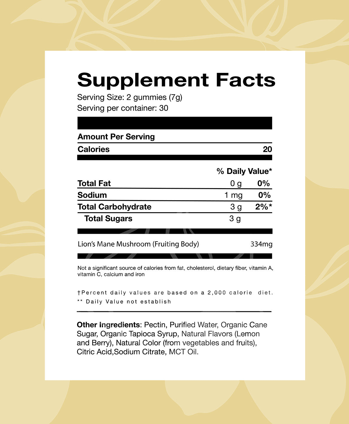 Supplement Facts panel for Lion's Mane Mushroom gummy supplement