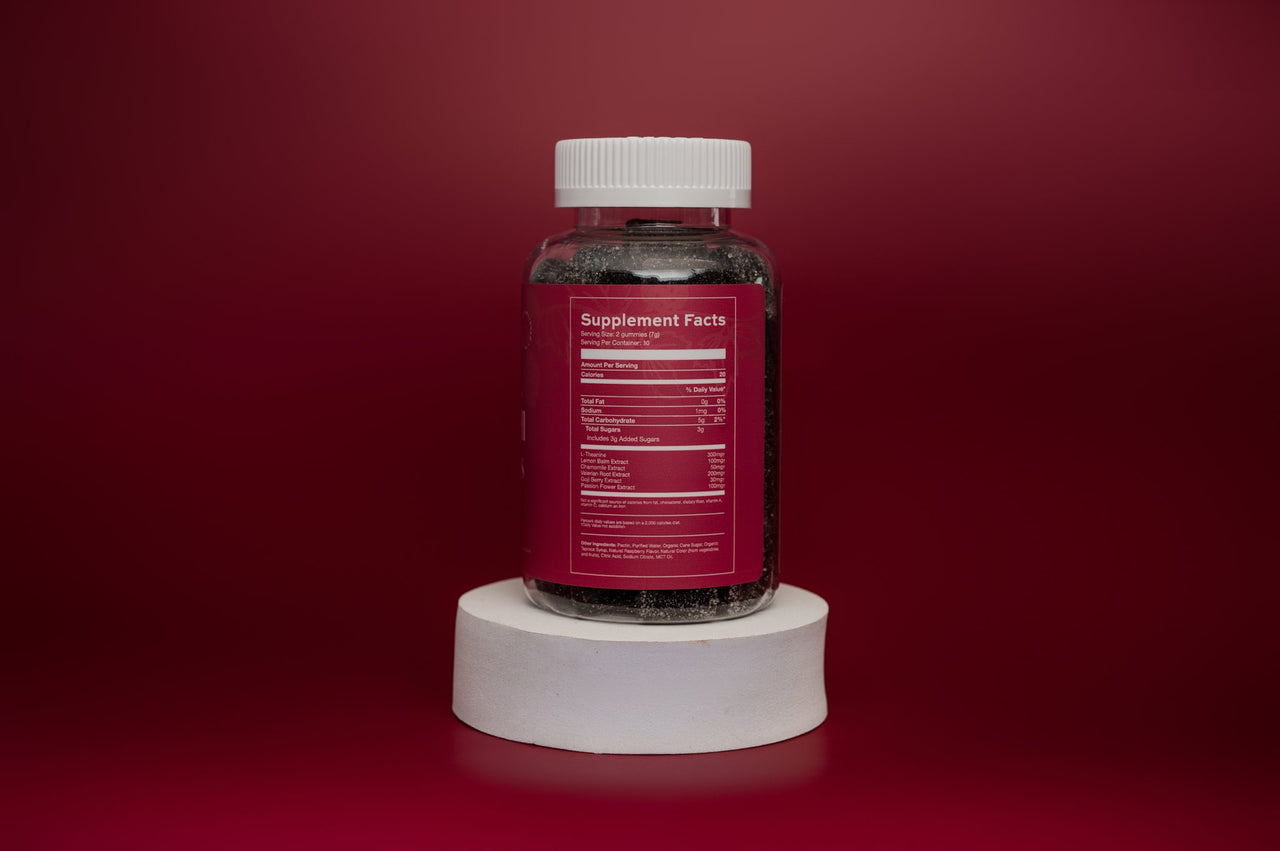 The back of the Sleep Well Gummies bottle, showing the supplement facts on a red background.