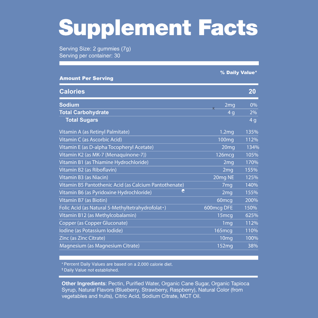 Adult Multivitamin Gummies with Vitamins A, B, E, K2 and Zinc