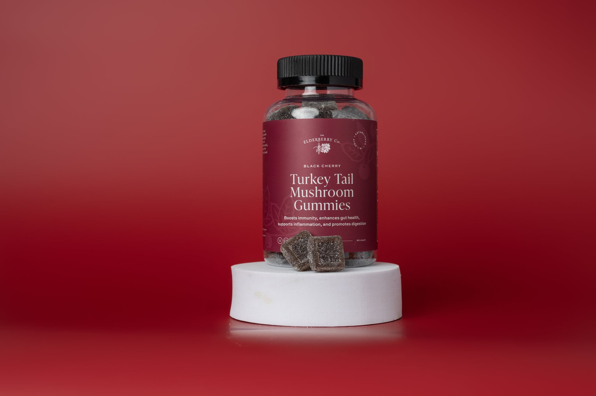 Front of Turkey Tail Mushroom Gummies bottle with gummies displayed in front.