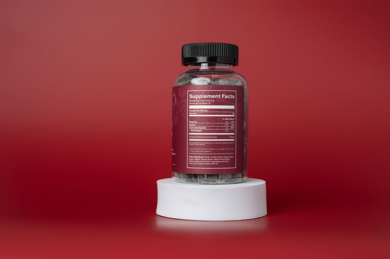 Back of Turkey Tail Mushroom Gummies bottle displaying the Supplement Facts label.
