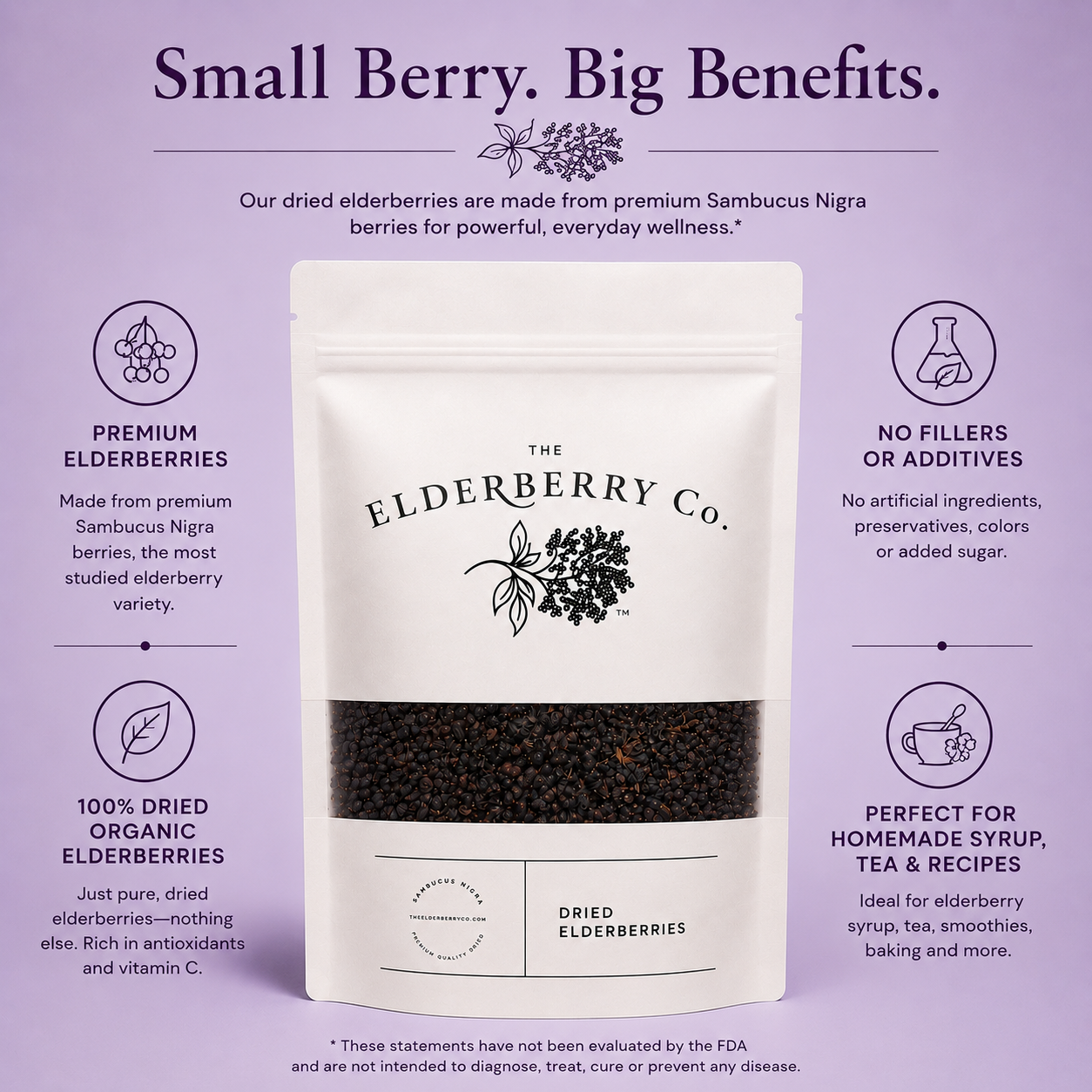 A white stand-up pouch of The Elderberry Co. dried elderberries centered on a lavender background with marketing text and icons around it.