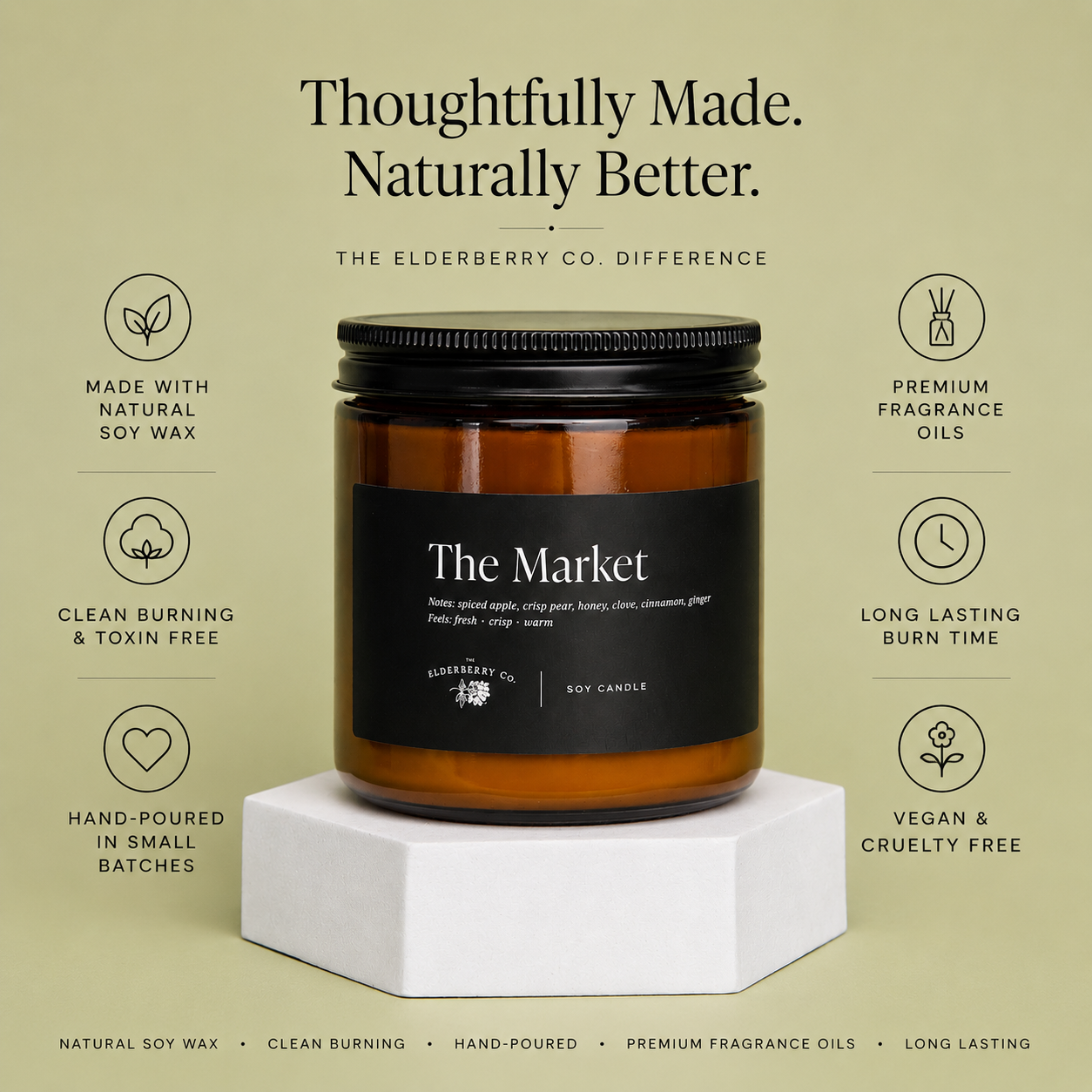 Candle with a label on a beige background, featuring text about the product's attributes.