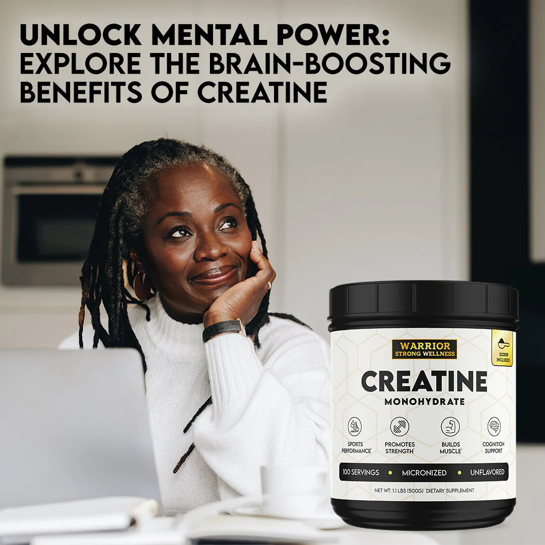 Lifestyle graphic featuring Warrior Strong Wellness Creatine Monohydrate highlighting cognition support, mental performance, and brain health benefits.