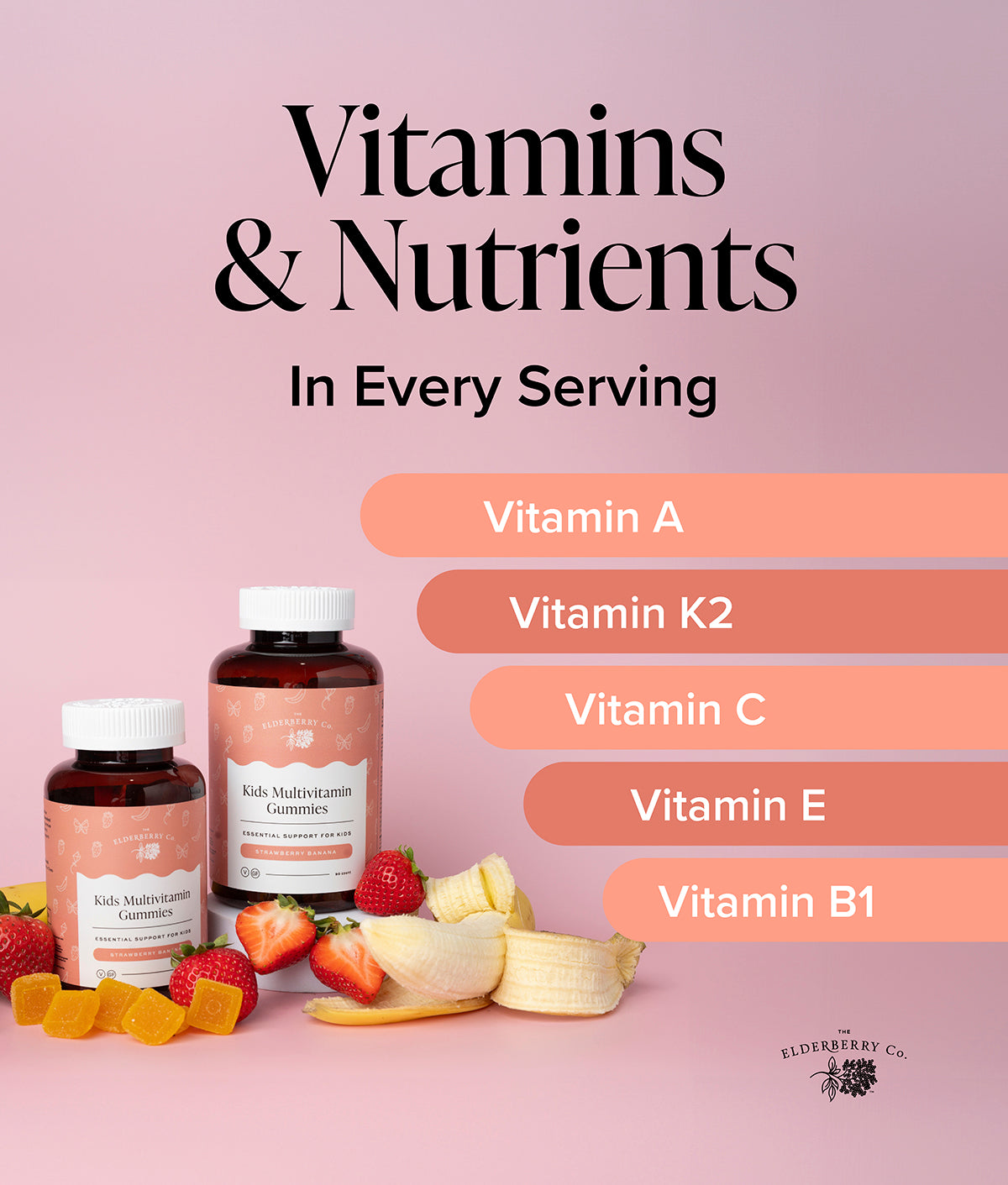 Kids Multivitamin Gummies highlighting vitamins A, K2, C, E, and B1.