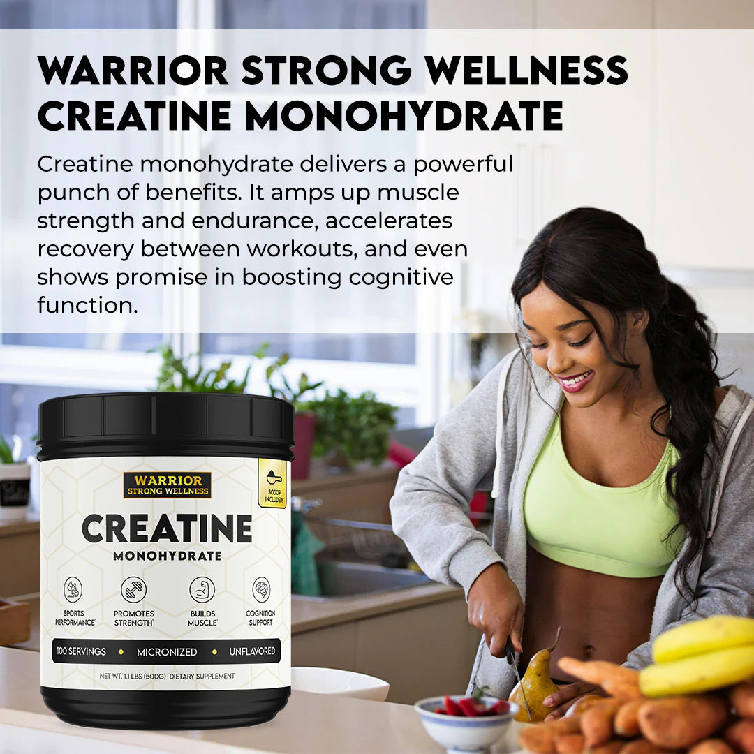 Lifestyle image featuring Warrior Strong Wellness Creatine Monohydrate with benefits for muscle strength, workout recovery, endurance, and cognitive support.