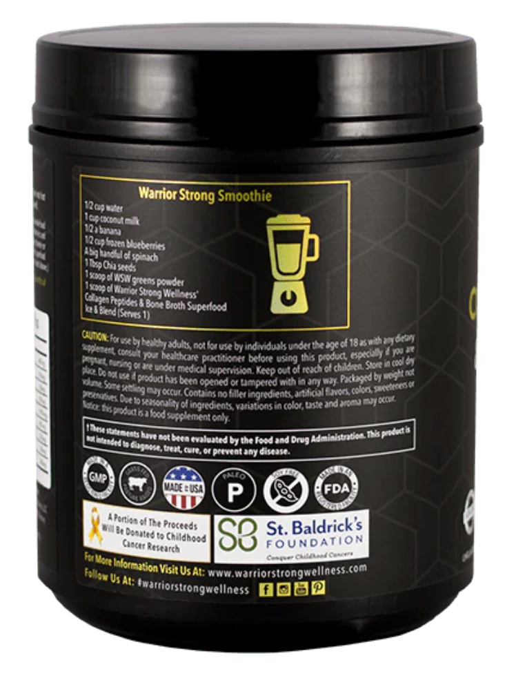 Back label of Warrior Strong Wellness Collagen Peptides & Bone Broth Superfood Protein featuring a collagen smoothie recipe, product directions, certifications, and quality badges including Made in USA, GMP, Paleo Friendly, and St. Baldrick's Foundation support.