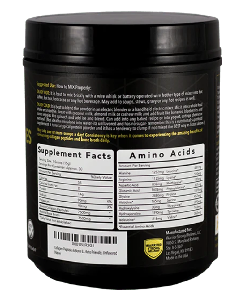 Back label of Warrior Strong Wellness Collagen Peptides & Bone Broth Superfood Protein showing supplement facts, amino acid profile, mixing instructions, serving information, and product details.