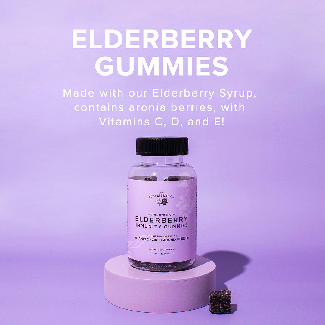 Elderberry Immunity Gummies made with elderberry syrup, aronia berries, Vitamins C, D, and E