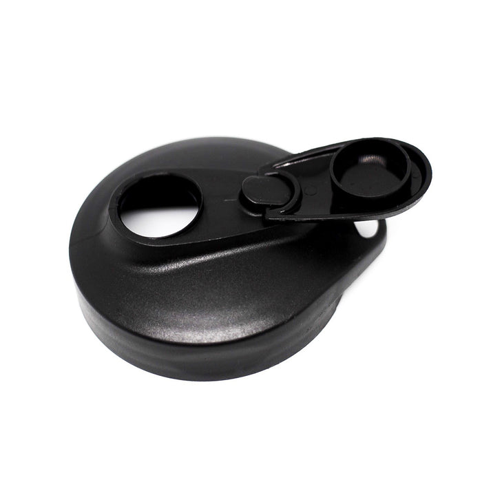 Black lid with a straw hole and handle on a white background
